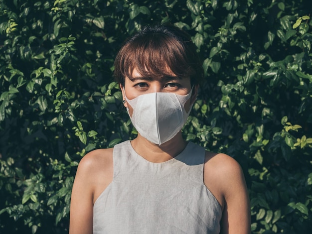 Beautiful asian woman wearing white protective N95 mask