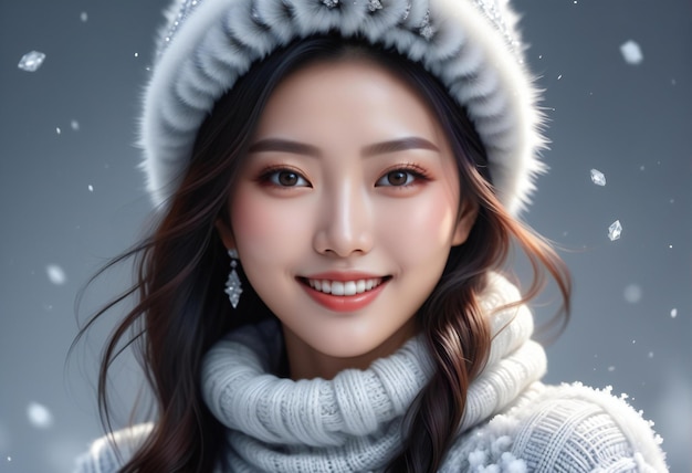 Beautiful asian woman wearing winter clothes closeup portrait