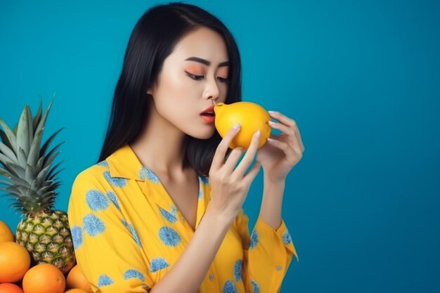 Beautiful asian woman wearing yellow jumpsuit on blue and eating tropical fruits