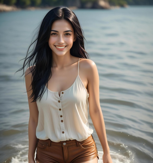 Beautiful asian woman in white shirt and brown pants on the beach