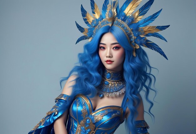 Beautiful asian woman with blue hair and indian warrior costume