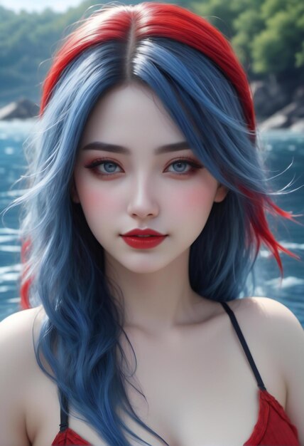 Beautiful asian woman with blue hair and red lips on the sea background