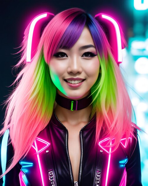 검은 바탕에 다채로운 머리카락과 헤드폰을 가진 아름다운 아시아 여성