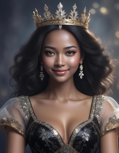 Beautiful asian woman with crown on her head Portrait of beautiful brunette girl with golden crown