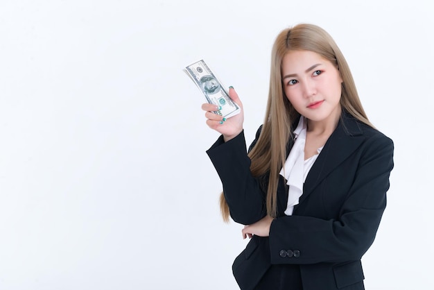 Beautiful asian woman with dollar money in hand on white backgroundWorker has a lot of moneyDay of payThe salary of the employeesThailand people