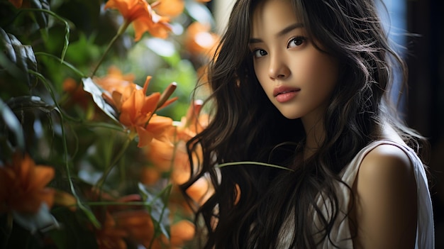 Photo beautiful asian woman with flower