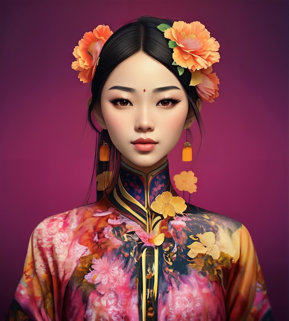 beautiful Asian woman with flowers