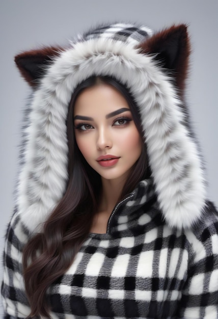 Beautiful asian woman with fox fur coat on gray background