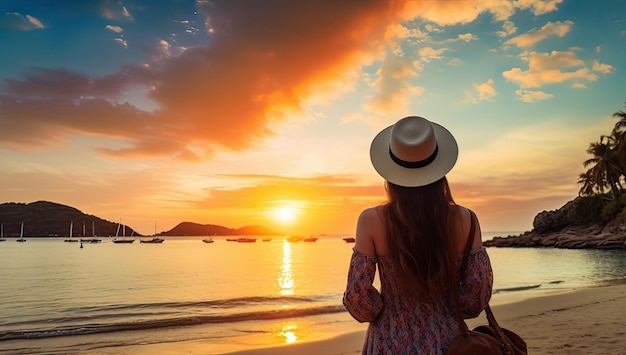 Beautiful asian woman with hat on the beach at sunset