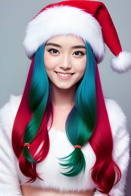 Beautiful asian woman with long colorful hair wearing santa claus hat