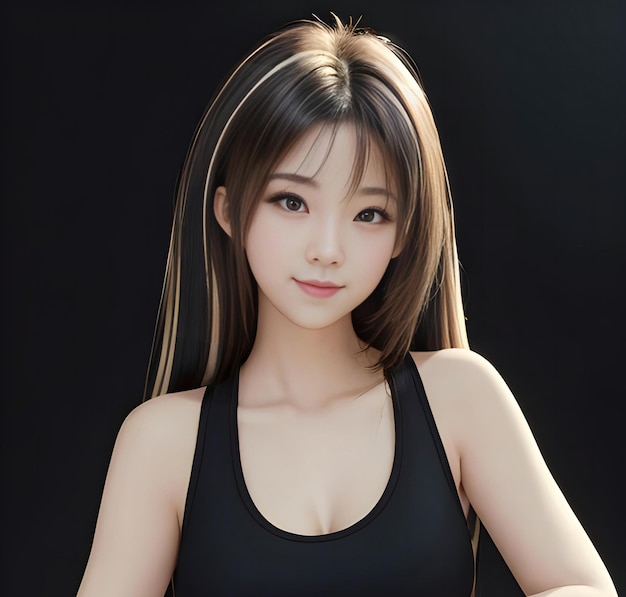 검은 바탕에 긴 머리카락을 가진 아름다운 아시아 여성 아시아 아름다움
