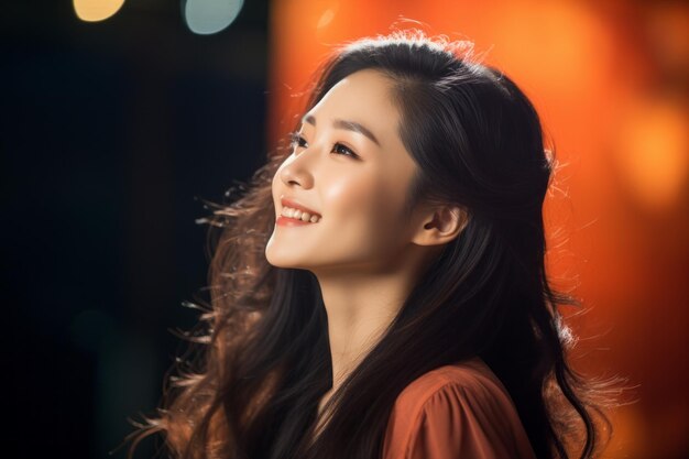 beautiful asian woman with long hair looking up at the sky