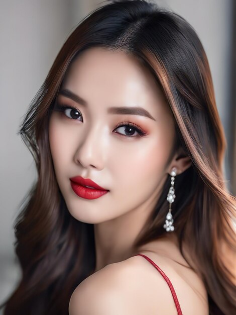 beautiful asian woman with long hair and red lips closeup portrait