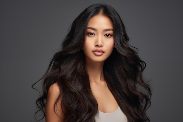 Красивая азиатская женщина с длинными и блестящими волнистыми волосами смотрит в камеру на сером фоне