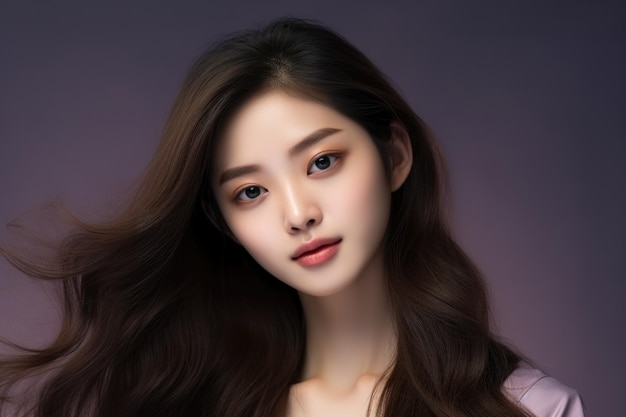 Beautiful asian woman with long straight hair on black background Generative AI