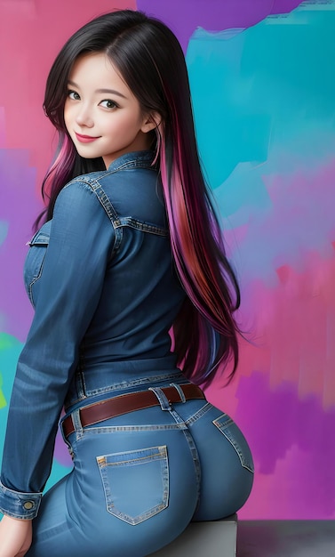 Beautiful asian woman with pink hair and blue jeans overalls