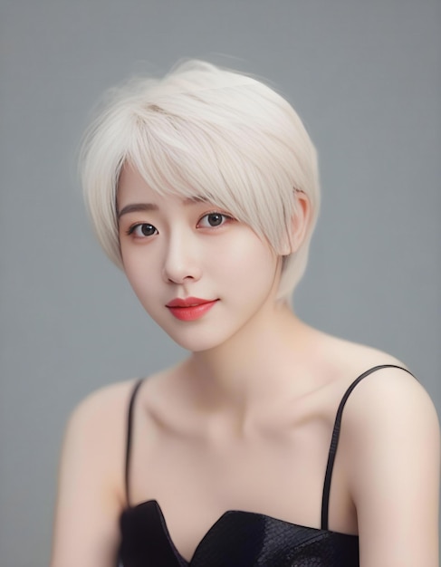 Beautiful asian woman with short blonde hair on gray background