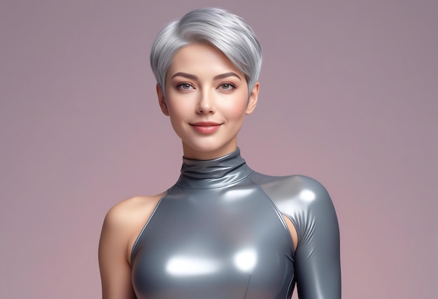 Beautiful asian woman with silver latex costume rendering