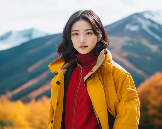 beautiful asian woman in yellow jacket standing in front of mountains