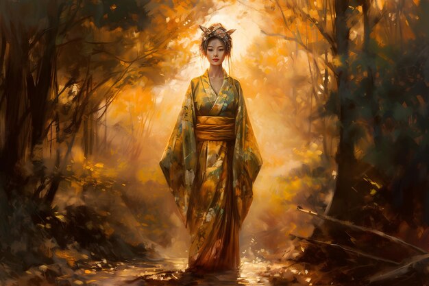 Photo beautiful asian woman in yellow kimono in autumn forest neural network ai generated