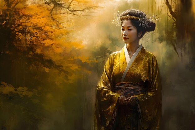 Beautiful asian woman in yellow kimono in autumn forest Neural network AI generated