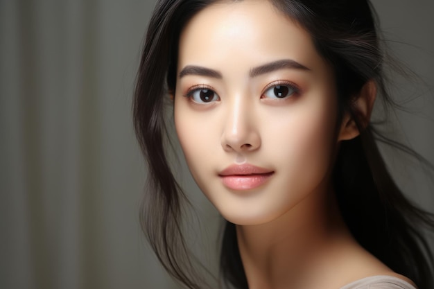 写真 美しいアジアの女性は、灰色の背景に新鮮で清潔な美しく孤立した新鮮な肌を感じるためにフェイシャルを使用します
