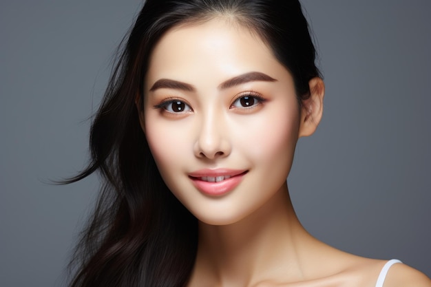 아름다운 아시아 여성들은 신선한 피부를 위해 얼굴 치료를 사용합니다. 신선하고 깨한 느낌, 회색 배경에서 아름답고 고립된 느낌.