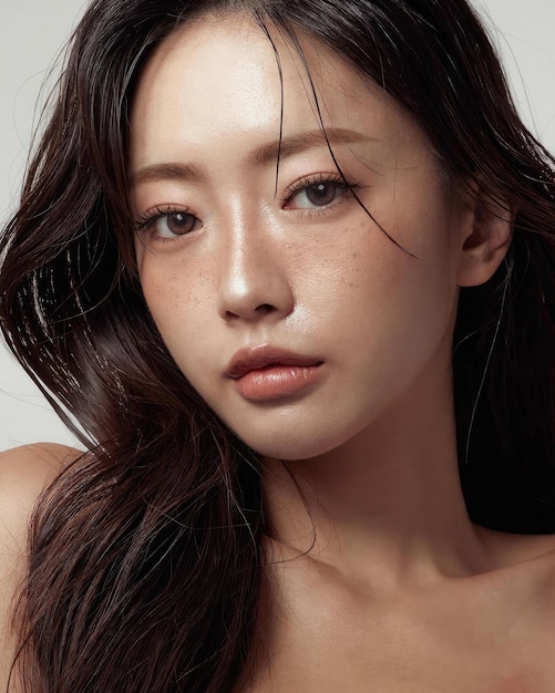 写真 美しいアジアの女性の顔メイク顔化粧品の広告の高解像度の顔