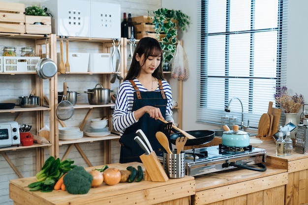 가스 스토브 옆에 서 있는 아름다운 아시아 젊은 아내는 점심 시간에 프라이팬으로 음식을 요리하고 햇빛이 잘 드는 아늑한 가정 주방에서 요리를 하고 있습니다.