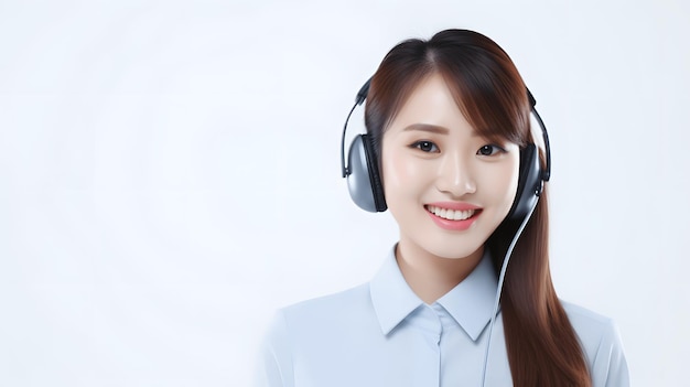 Beautiful Asian Young Woman Call Center Operator Wearing Headphones with a Microphone