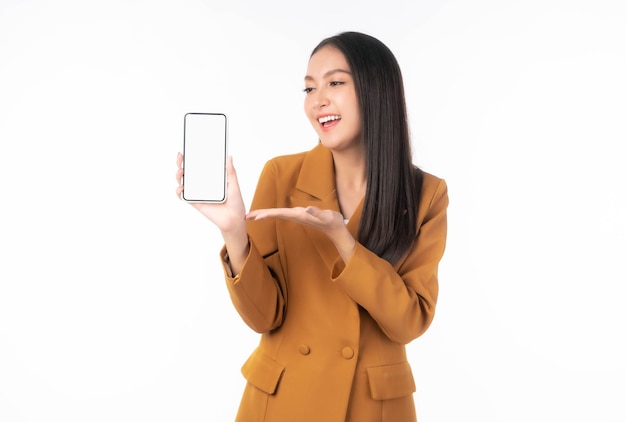 Beautiful Asian young woman Excited surprised girl showing smart phone with blank screen white screen isolated on white background Mock Up Image