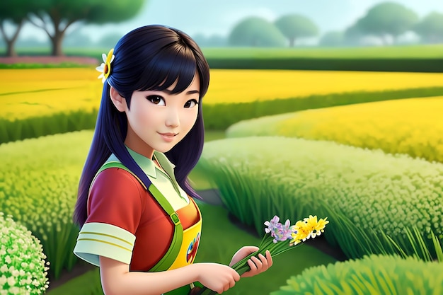 Фото Красивая азиатская молодая женщина, работающая садовником, сажает цветы ai