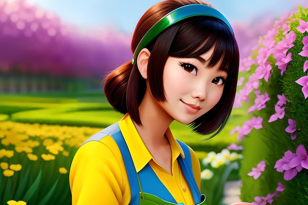 Beautiful asian young woman working a gardener girl planting flowers AI