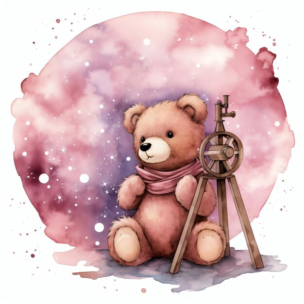 Photo beautiful astronomer teddy blue teddy bear watercolor clipart illustration