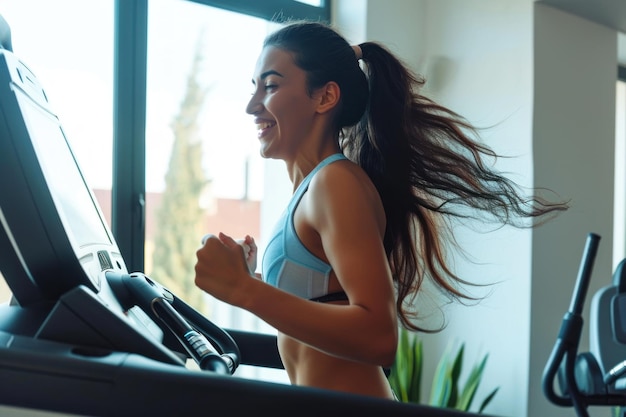 Photo beautiful athletic plus size body positive sports woman running on a treadmill at her home gym white and soft interior smile