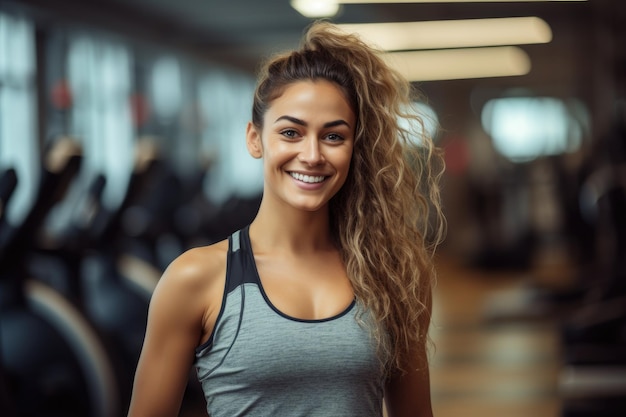 Beautiful athletic woman smiling fitness trainer in the gym sportswoman body building work out