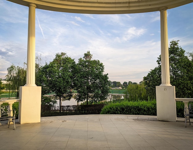 Beautiful atmosphere in the morning with large white gazebo