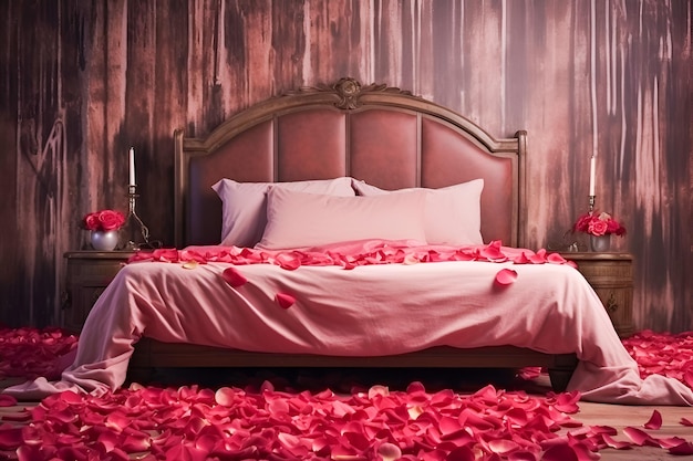 Photo beautiful atmosphere of romatic bedroom with rose petals
