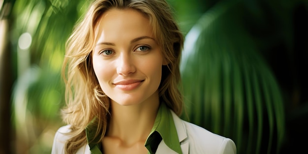 美しい魅力的なビジネス女性 女の子の顔の肖像画 緑の熱帯動物の笑顔