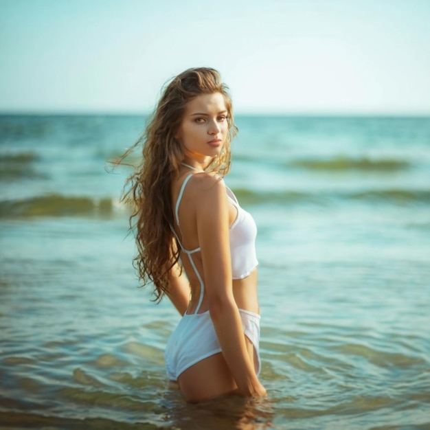 Foto bella ragazza attraente sulla spiaggia d'acqua con un bellissimo paesaggio bikini ragazza sotto l'acqua