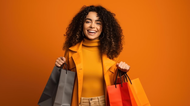 Красивая привлекательная улыбающаяся женщина, держащая сумки с покупками, позирует на оранжевом фоне