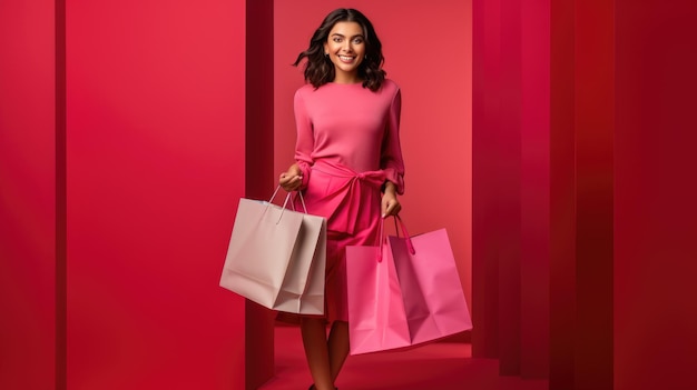 Beautiful attractive smiling woman holding shopping bags posing on red background