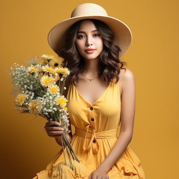Beautiful attractive stylish woman in yellow dress and straw hat holding daisy flower romantic mood