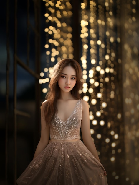 Красивая привлекательная хорошо одетая азиатская женщина стоит на романтическом фоне боке