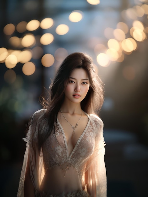 A beautiful attractive well dressed Asian woman standing at bokeh romantic background