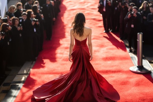 Красивая привлекательная женщина идет по красной ковер в великолепном красном платье на кинофестивале