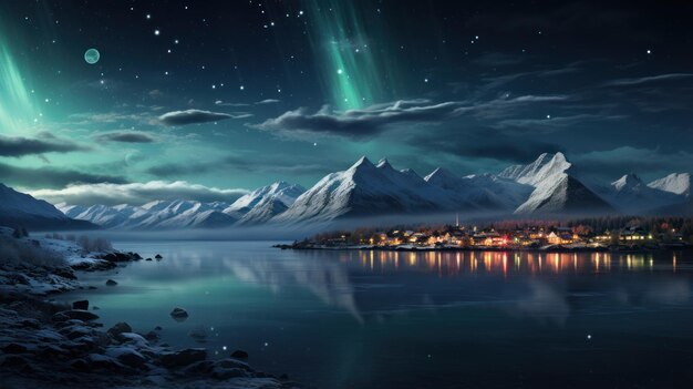 beautiful aurora views with beautiful cities mountains and lakes