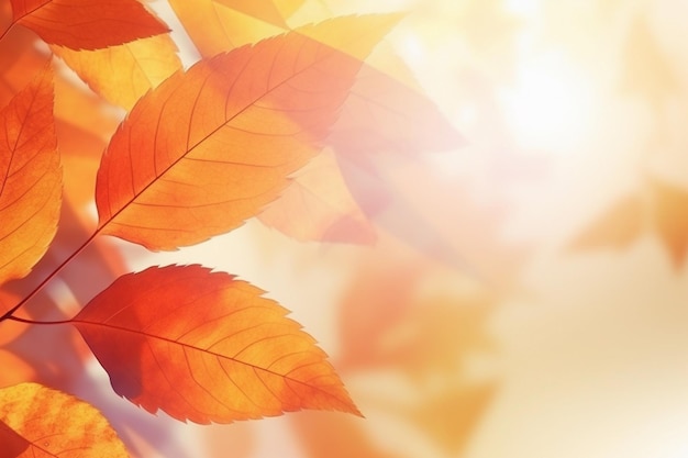 Beautiful autumn abstract background with yellow leaves and sunshine bokeh and glow