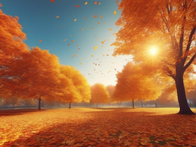 Beautiful autumn background landscape. Carpet of fallen orange autumn leaves. Concept of Golden autumn.