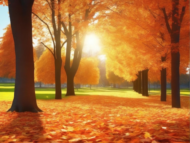 Beautiful autumn background landscape. Carpet of fallen orange autumn leaves. Concept of Golden autumn.